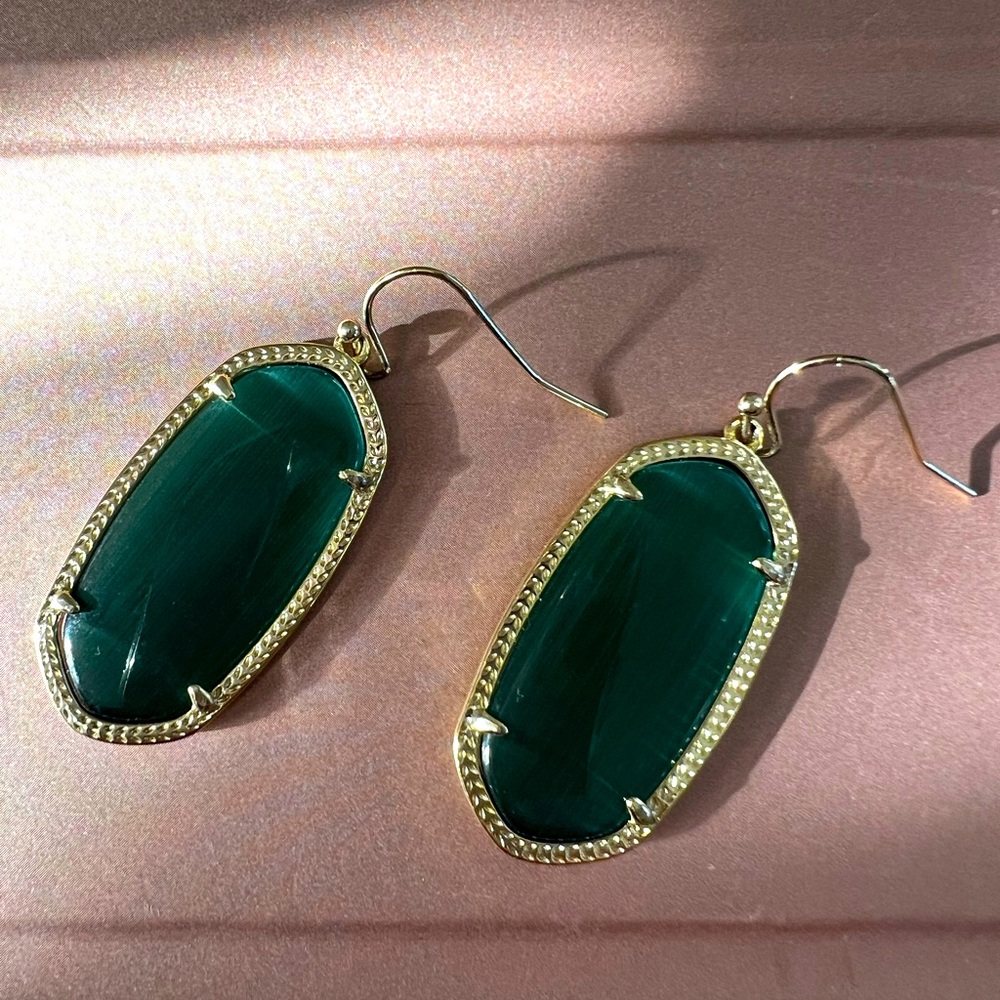 Kendra Scott Gold Frame Emerald tiger eye drop earrings.